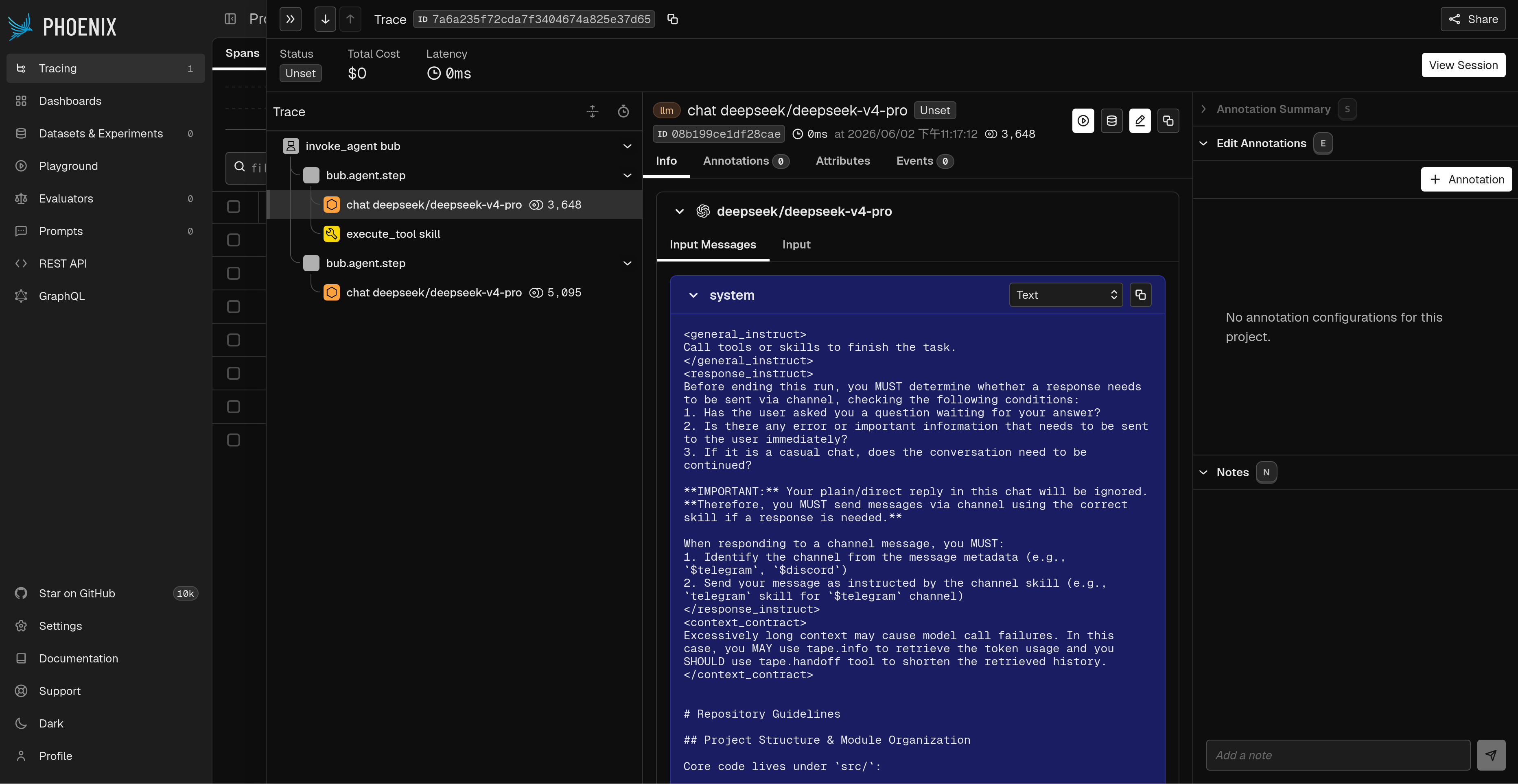 A Phoenix screenshot showing Bub GenAI telemetry exported through OTLP
